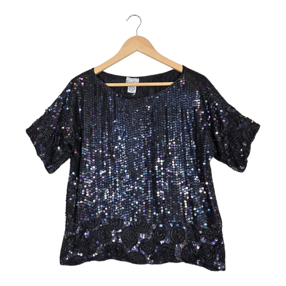 Vintage Cee Cee Silk Sequin Top S Black Iridescent Beaded Party Evening